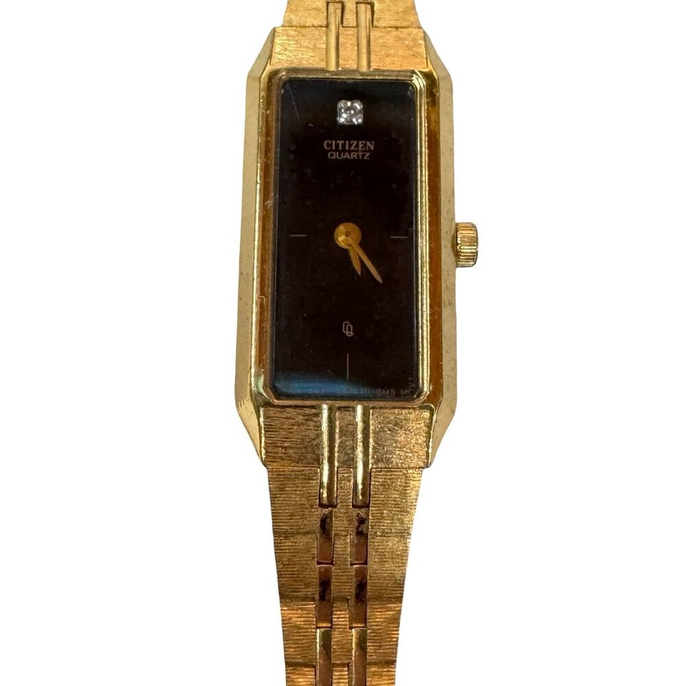 Citizen Quartz Womens Gold Tone Rectangular Wristwatch Black Dial Diamond Accent